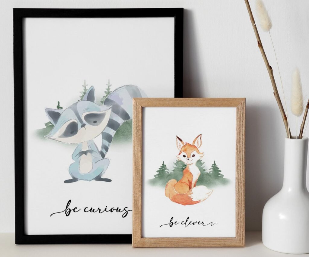 Bear, Fox, owl, rabbit Woodland Nursery Prints, Woodland Nursery Decor, Forest set of 2