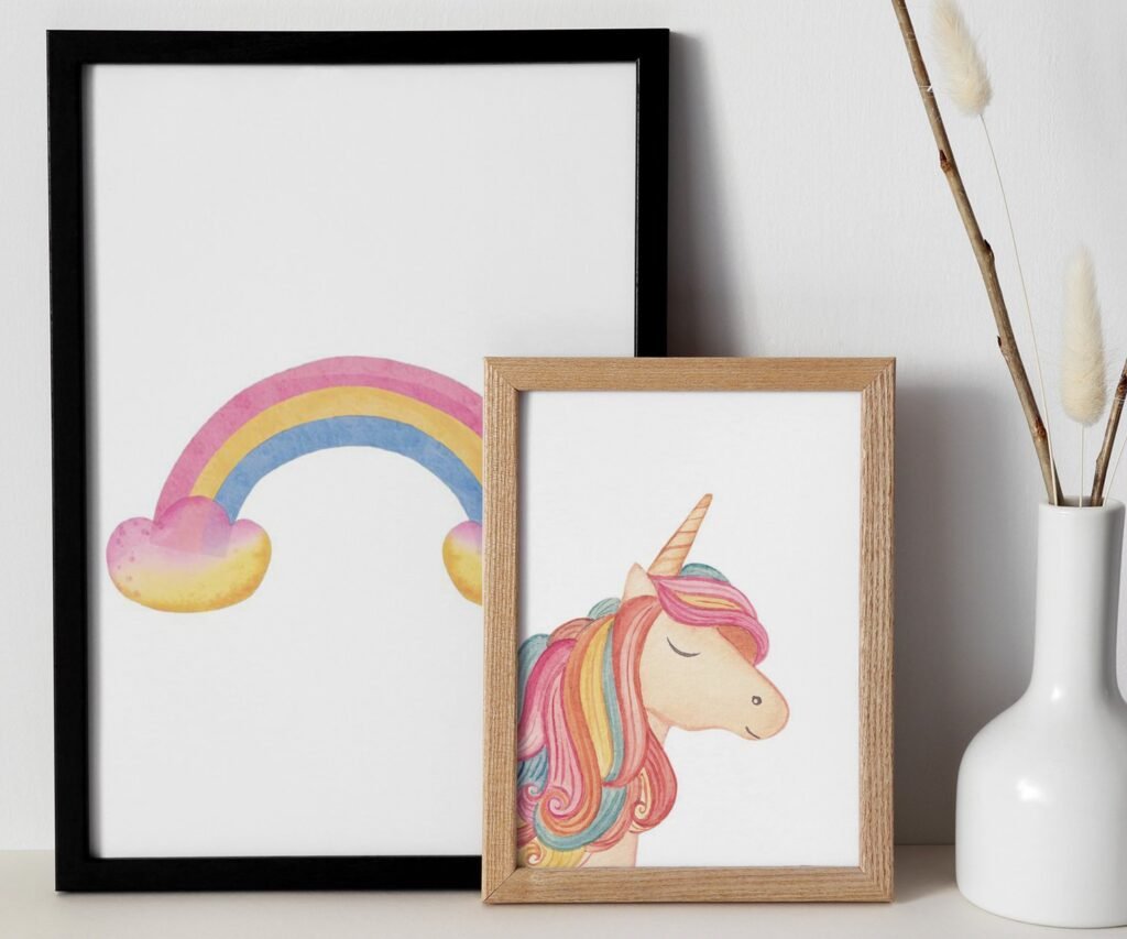 set of 2 Unicorn wall art set, Printable unicorn art, Girls room decor, Unicorn gold glitter, Unicorn prints,cloud rainbow