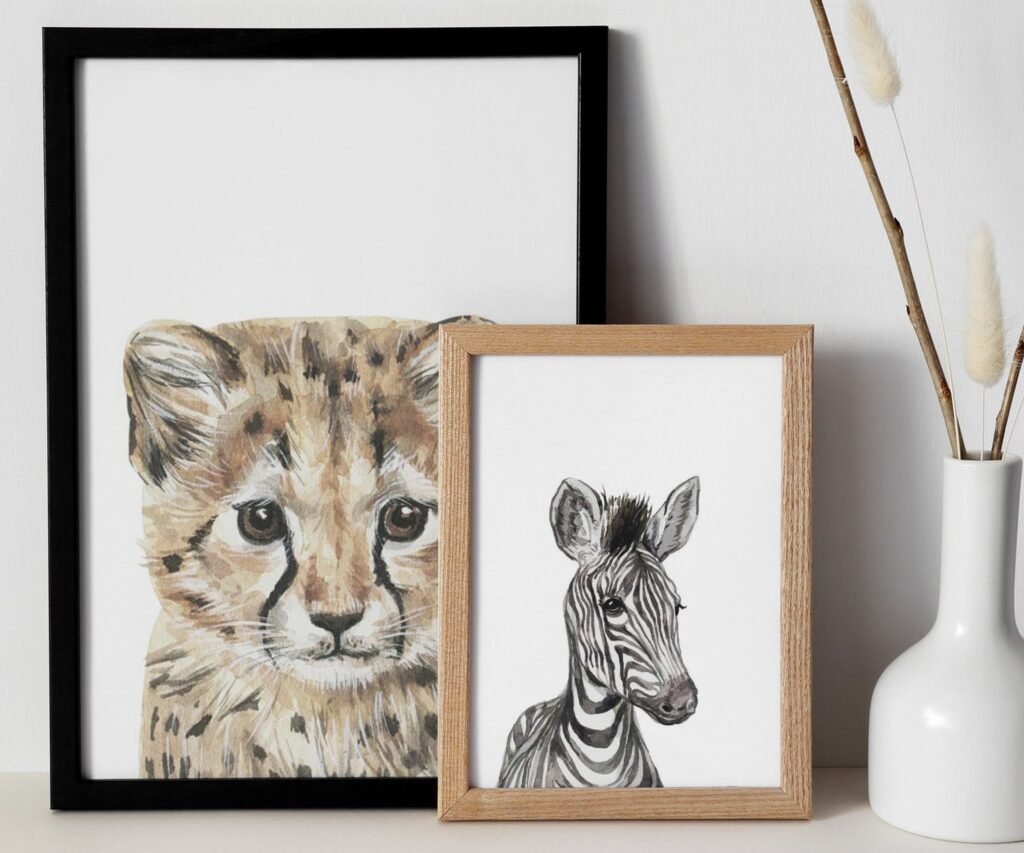 Safari Baby Animal Nursery, zebra, lion, elephant African set of 2