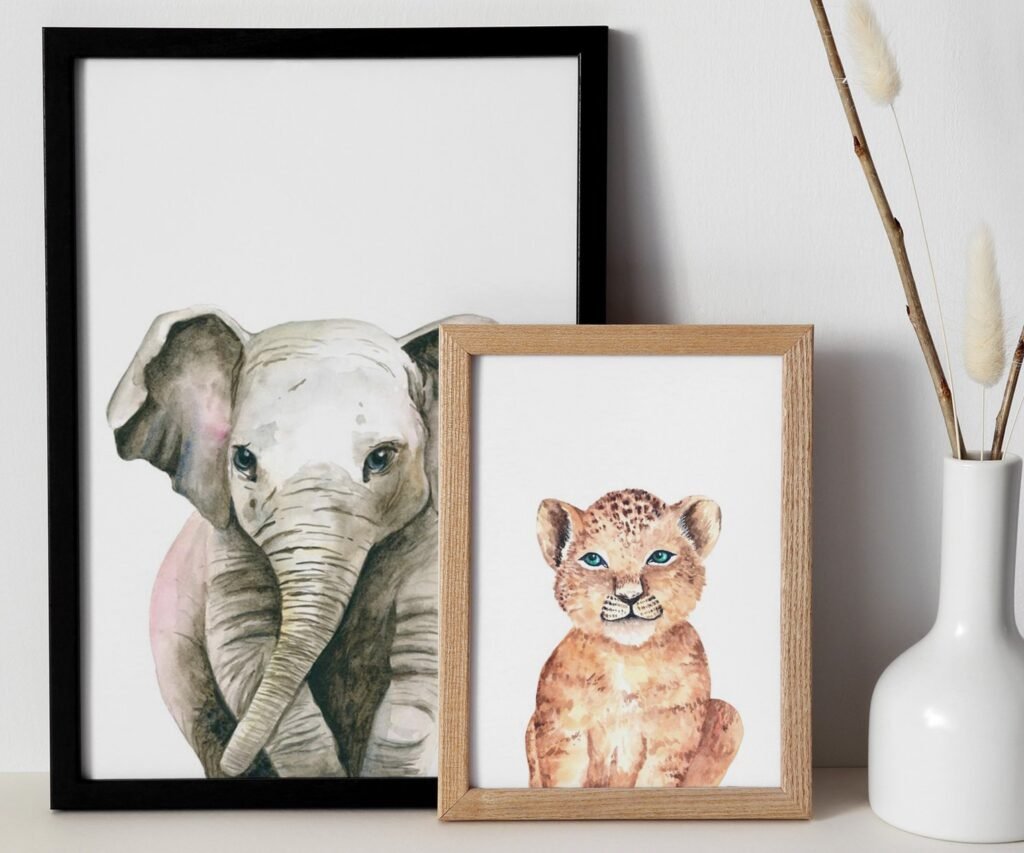Lion tiger monkey giraffe elephant set of 2, Woodland Baby Animal Posters