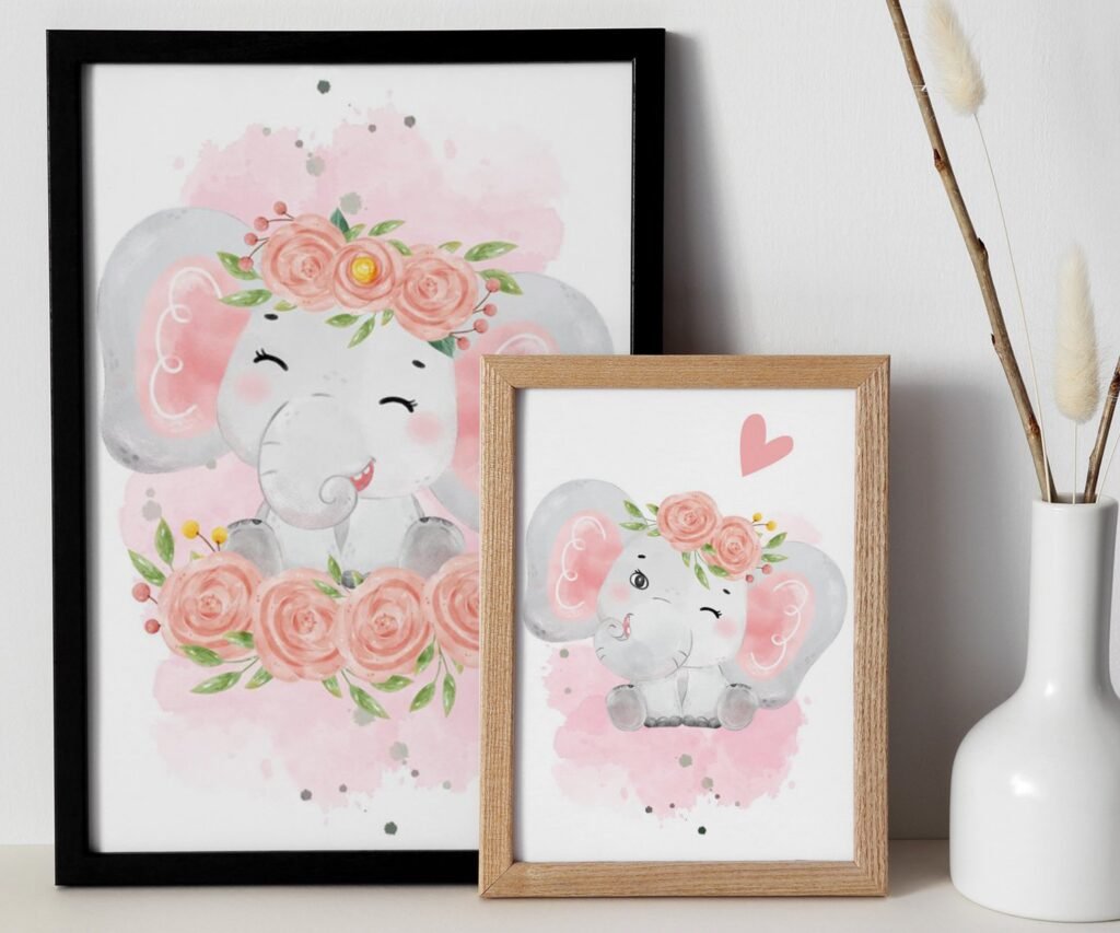 Pink Gray Girl Elephant nursery set of 2