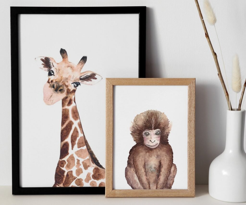 Lion tiger monkey giraffe elephant set of 2, Woodland Baby Animal Posters