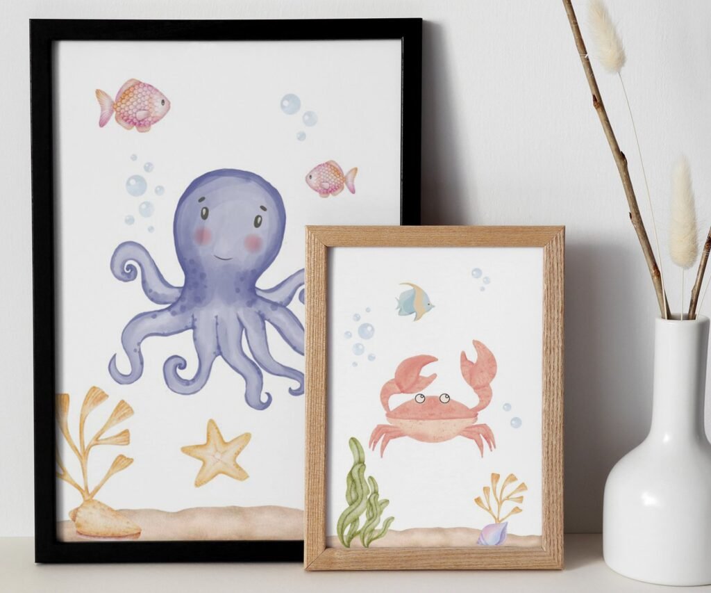 set of 2 Under the Sea Nursery Prints, Nautical Ocean Animal Posters, Boy Nursery Prints Set, Sea Animal Wall Art, Playroom Decor