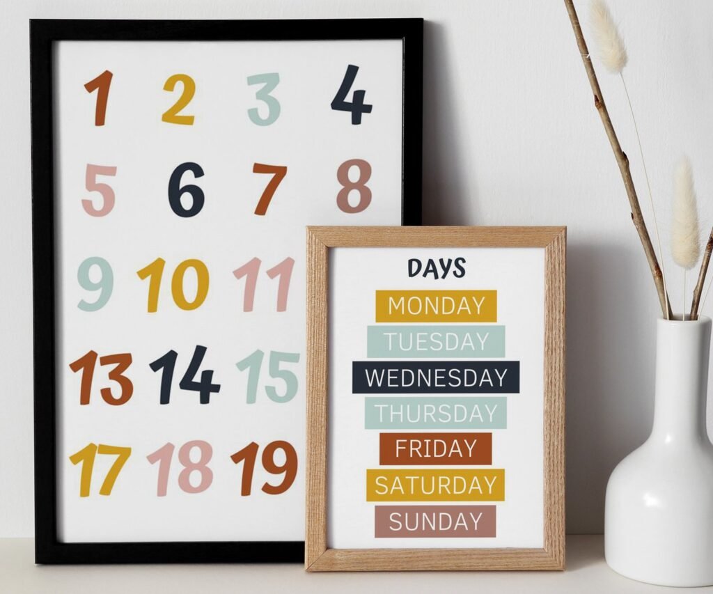 Kids Wall Art, Children's Wall Art, Nursery set of 2 Prints, Educational Wall Art, Alphabet, Numbers, Colours, Shapes , Classroom print