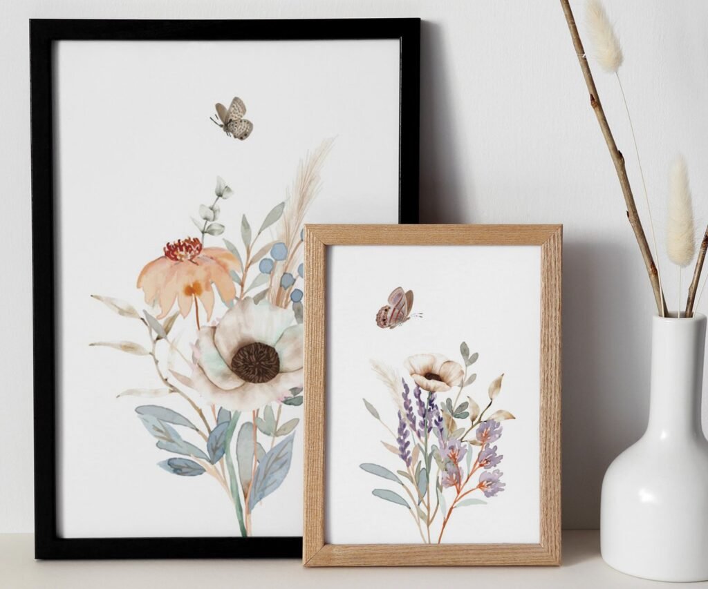 Floral Nursery Prints, wildflower butterfly boho Nursery Watercolor Flower Print set of 2