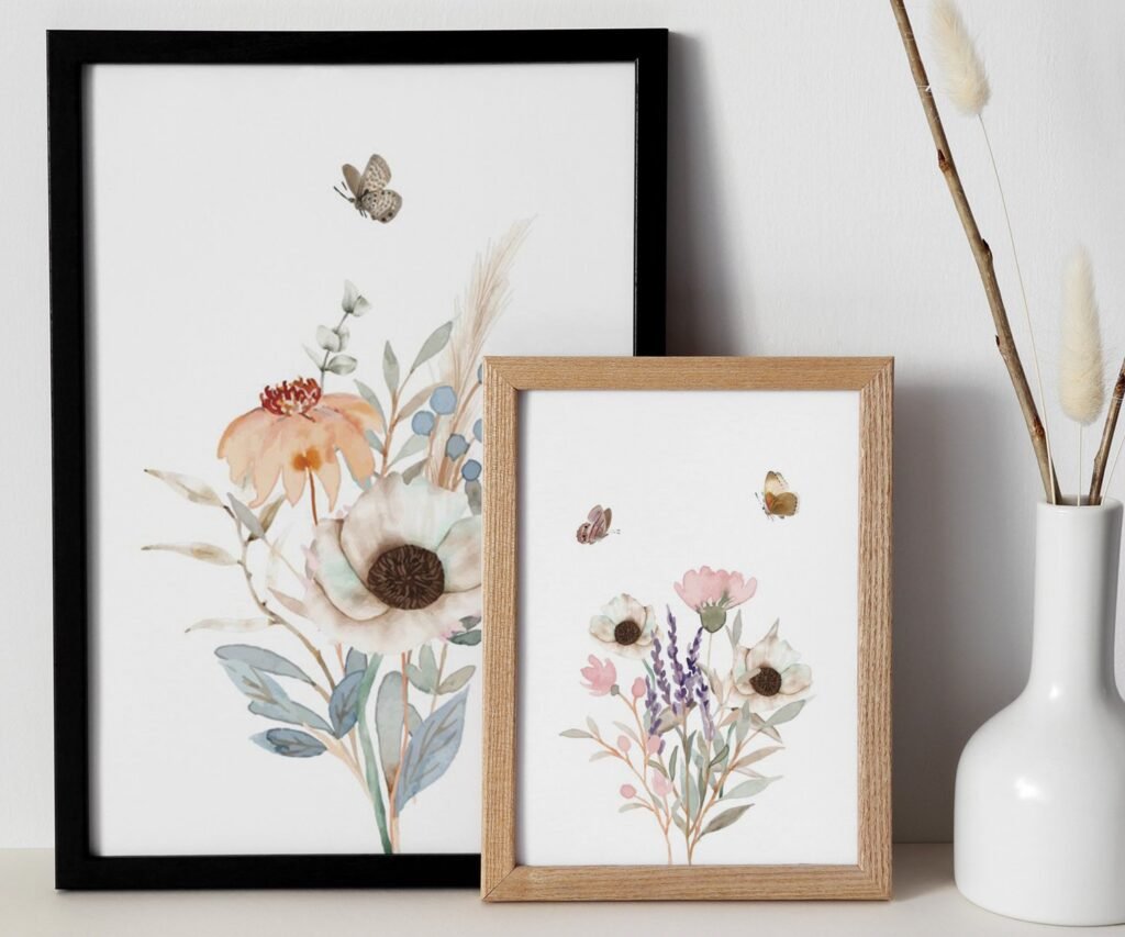 Floral Nursery Prints, wildflower butterfly boho Nursery Watercolor Flower Print set of 2
