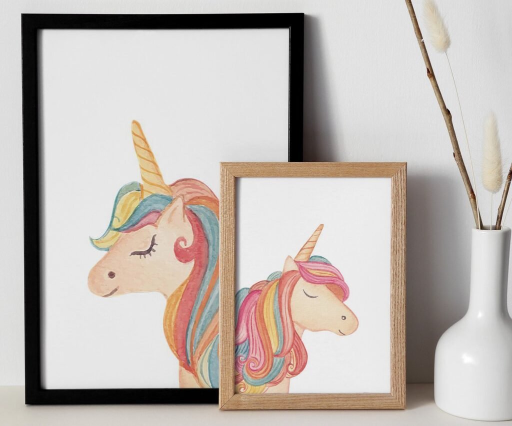 set of 2 Unicorn wall art set, Printable unicorn art, Girls room decor, Unicorn gold glitter, Unicorn prints,cloud rainbow