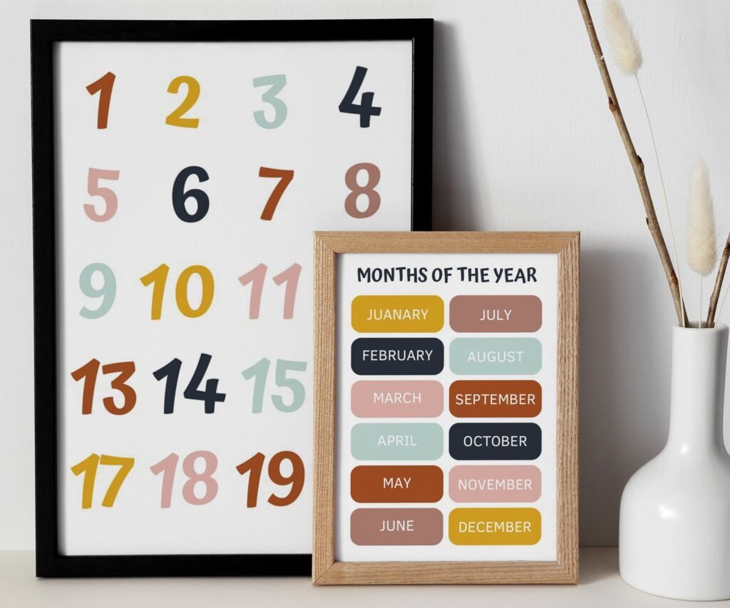 Kids Wall Art, Children's Wall Art, Nursery set of 2 Prints, Educational Wall Art, Alphabet, Numbers, Colours, Shapes , Classroom print