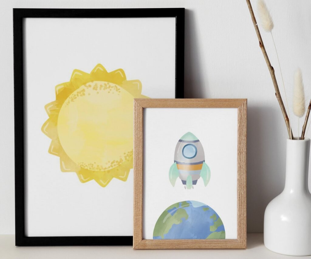 Neutral nursery print set, Space, Earthy tones, planet set of 2