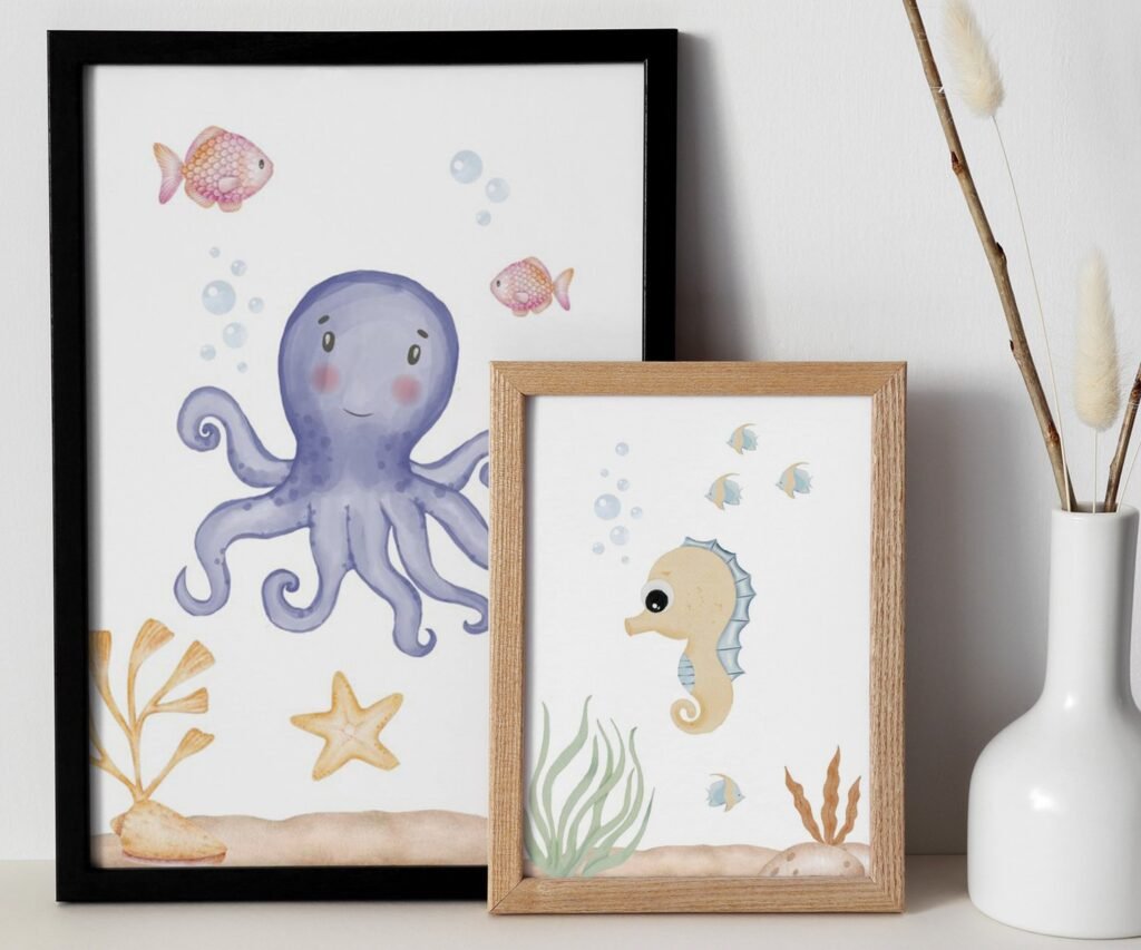 set of 2 Under the Sea Nursery Prints, Nautical Ocean Animal Posters, Boy Nursery Prints Set, Sea Animal Wall Art, Playroom Decor