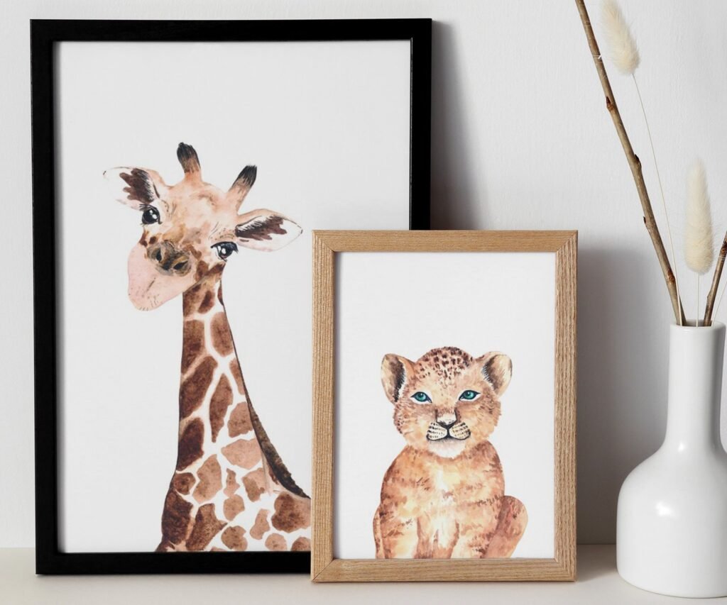 Lion tiger monkey giraffe elephant set of 2, Woodland Baby Animal Posters
