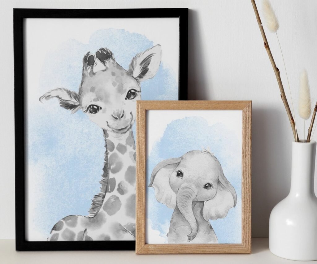 Safari Animals Baby Boys set of 2 Unframed Poster Prints with Personalised Name, Nursery Decor, Boys Bedroom Decor Giraffe Elephant