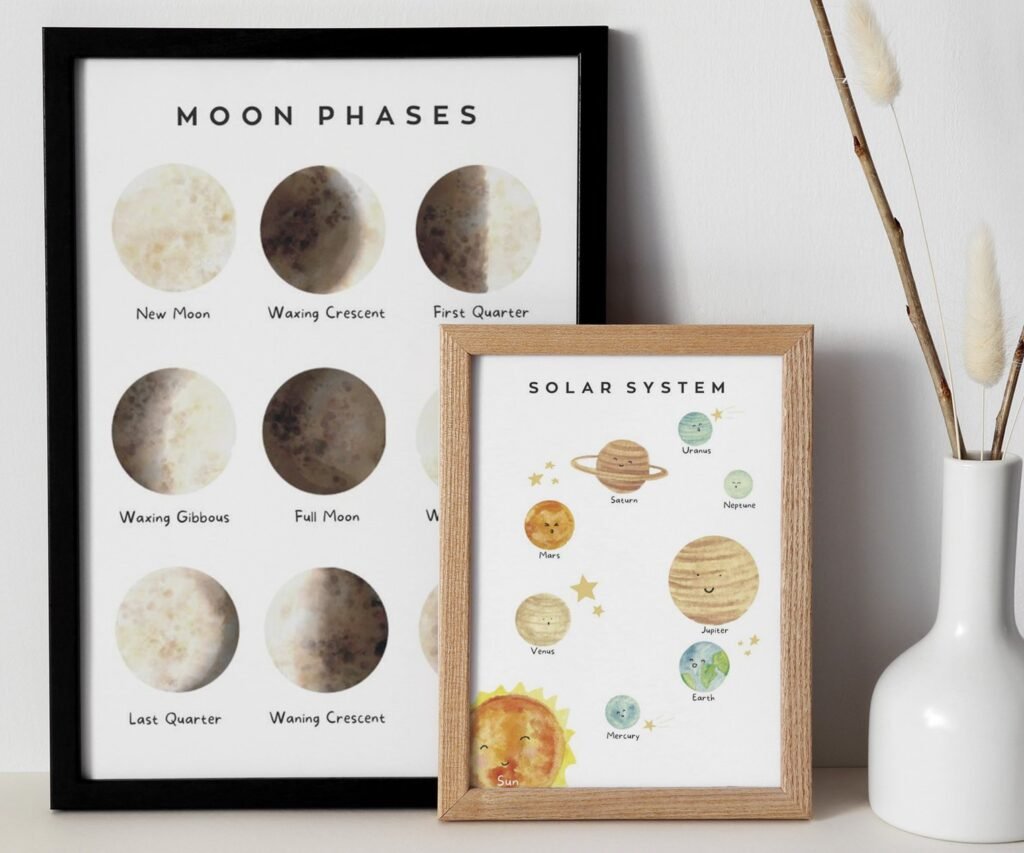Solar System Educational Posters, Montessori Classroom, Neutral Kids Toddler Playroom Decor set of 2