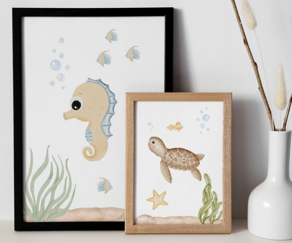 set of 2 Under the Sea Nursery Prints, Nautical Ocean Animal Posters, Boy Nursery Prints Set, Sea Animal Wall Art, Playroom Decor