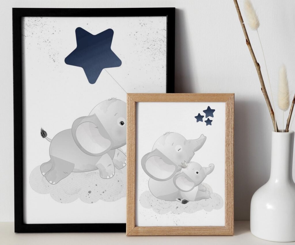 Nursery decor boy elephant, nursery wall art boy set of 2