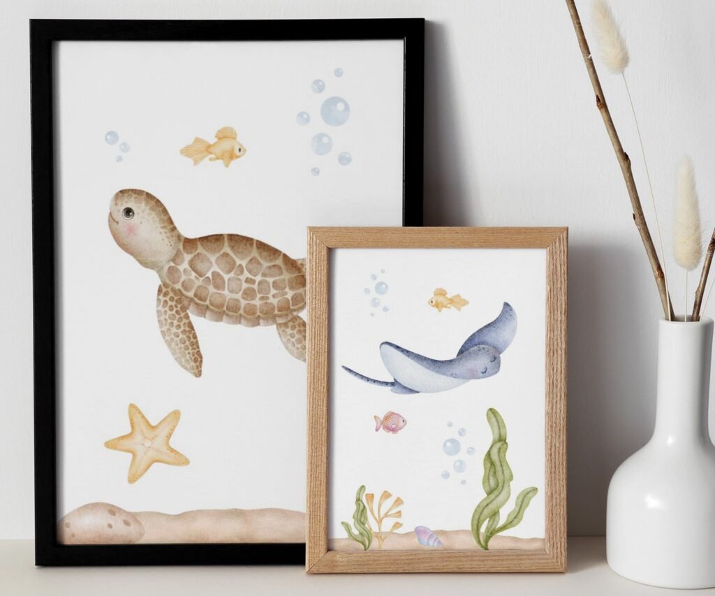 set of 2 Under the Sea Nursery Prints, Nautical Ocean Animal Posters, Boy Nursery Prints Set, Sea Animal Wall Art, Playroom Decor