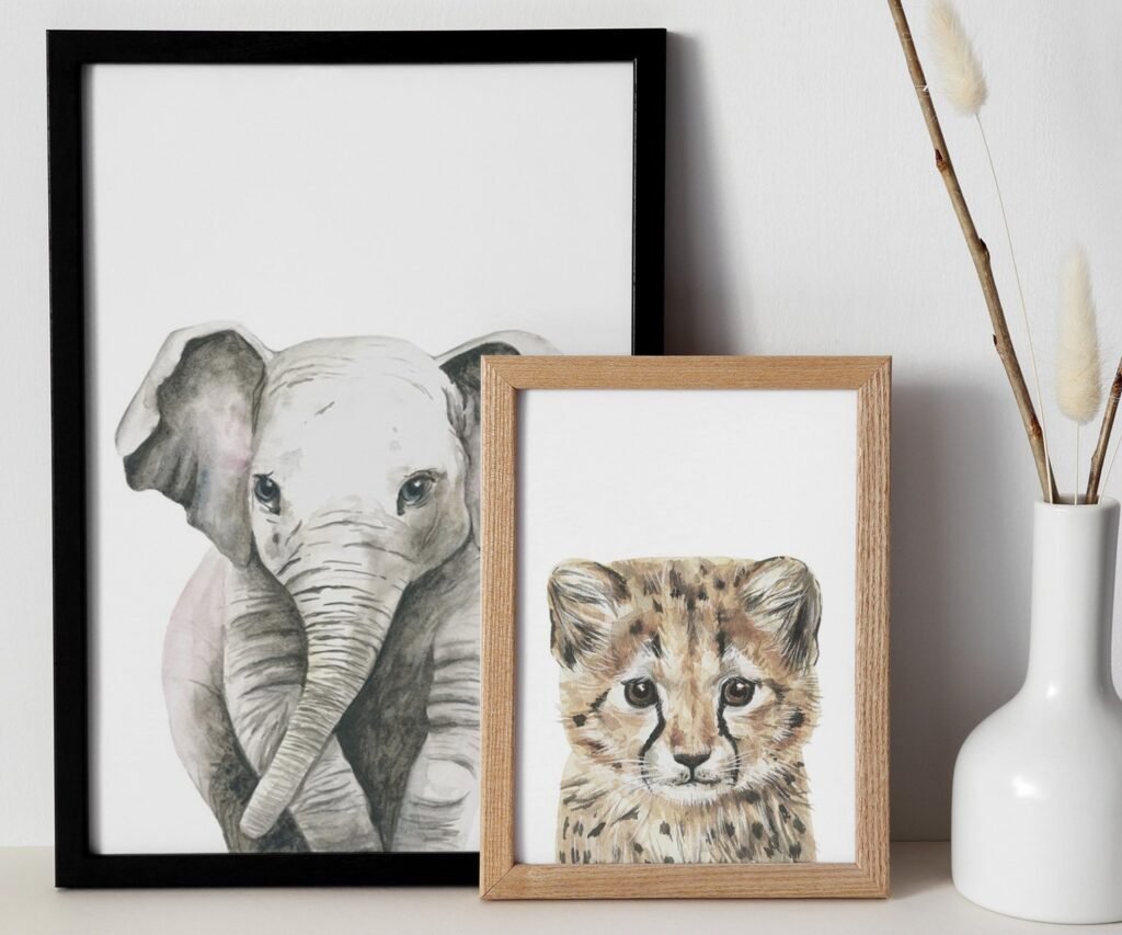 Safari Baby Animal Nursery, zebra, lion, elephant African set of 2