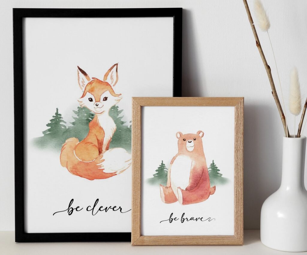 Bear, Fox, owl, rabbit Woodland Nursery Prints, Woodland Nursery Decor, Forest set of 2