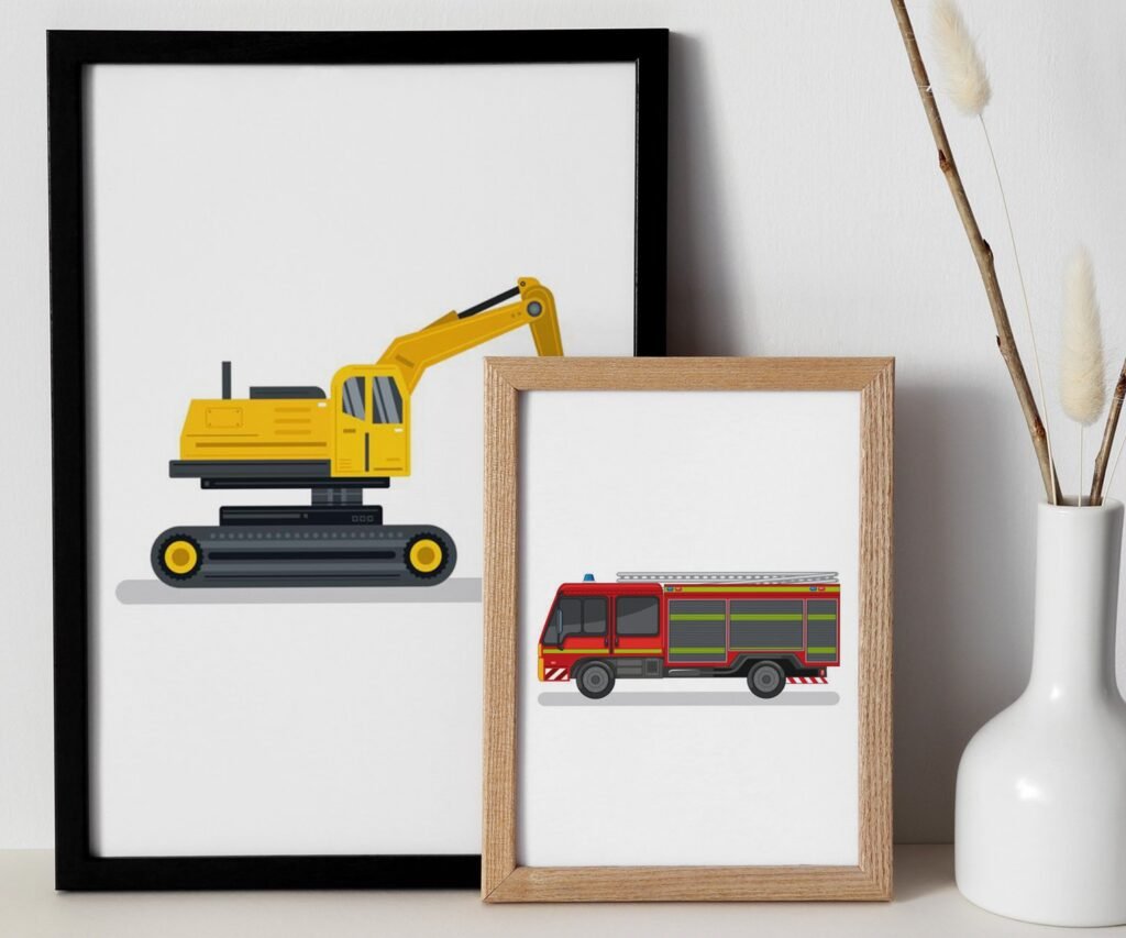 set of 2 Vehicle Prints, Construction Wall Art, Transportation Print Nursery, Kids Gallery Wall Set, Truck Wall Art, Nursery Truck Prints