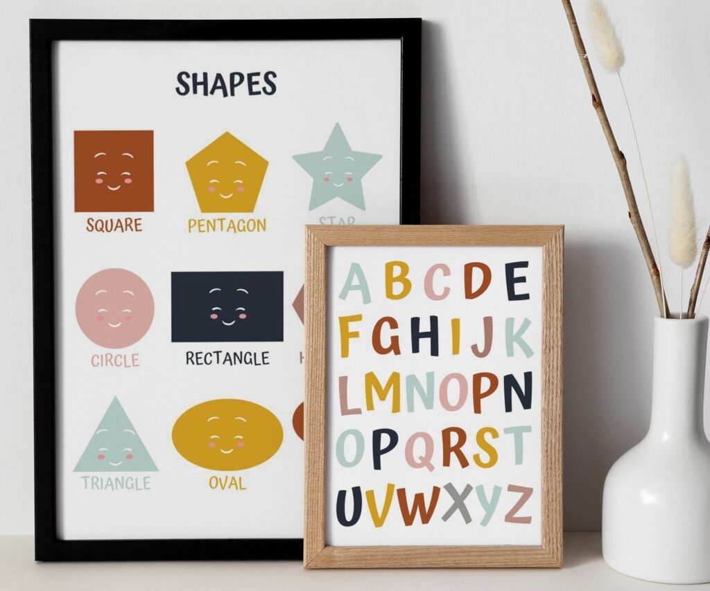 Kids Wall Art, Children's Wall Art, Nursery set of 2 Prints, Educational Wall Art, Alphabet, Numbers, Colours, Shapes , Classroom print