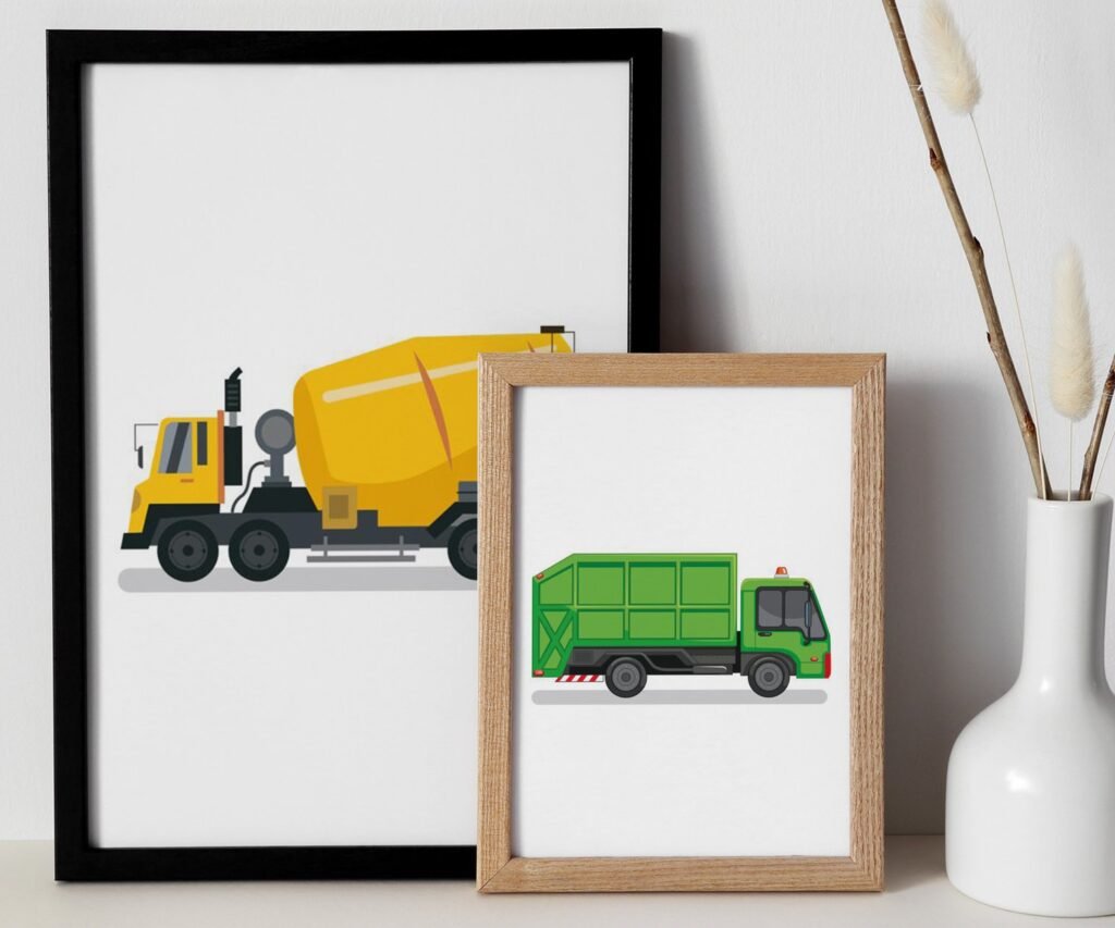 set of 2 Vehicle Prints, Construction Wall Art, Transportation Print Nursery, Kids Gallery Wall Set, Truck Wall Art, Nursery Truck Prints