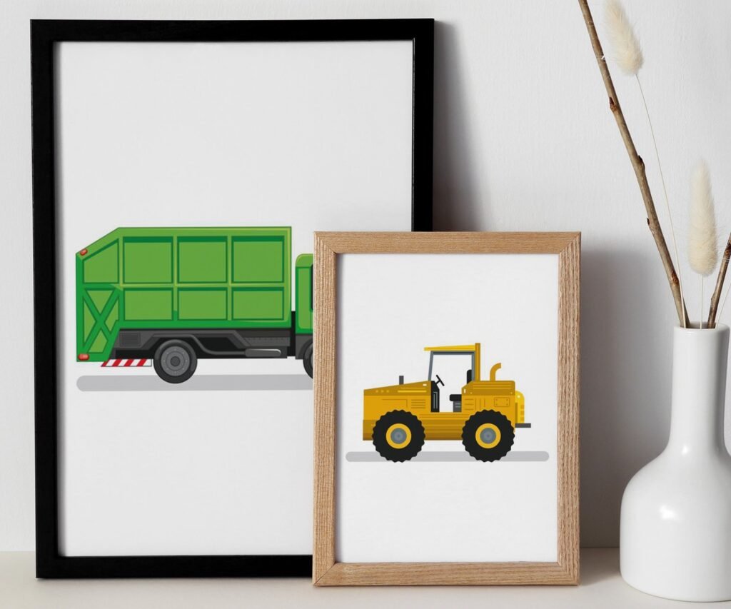 set of 2 Vehicle Prints, Construction Wall Art, Transportation Print Nursery, Kids Gallery Wall Set, Truck Wall Art, Nursery Truck Prints
