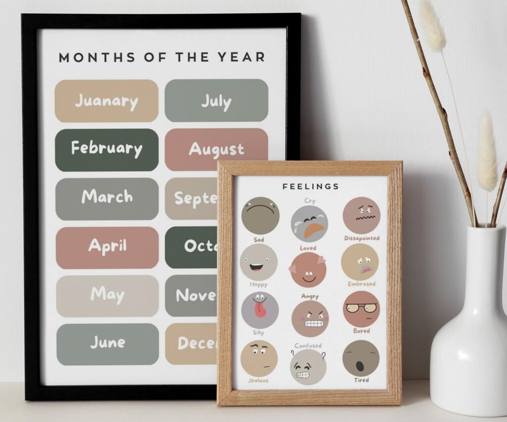 Feeling ,ABC, shape, month of the year, Educational Posters, Homeschool Prints, Montessori Classroom set of 2