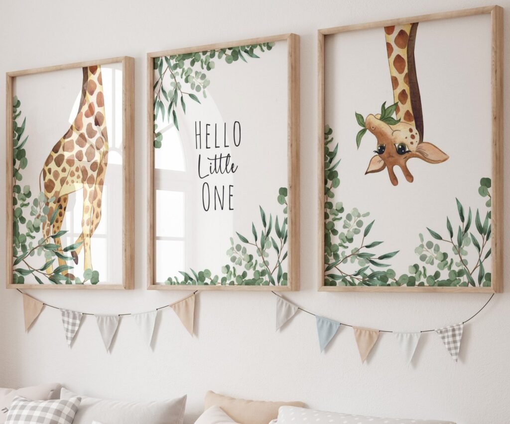set of 3 Giraffe, Giraffe Prints, Nursery Prints, Nursery Decor, Safari Nursery, Safari Animals, Gender Neutral Nursery Decor, Hello Little One
