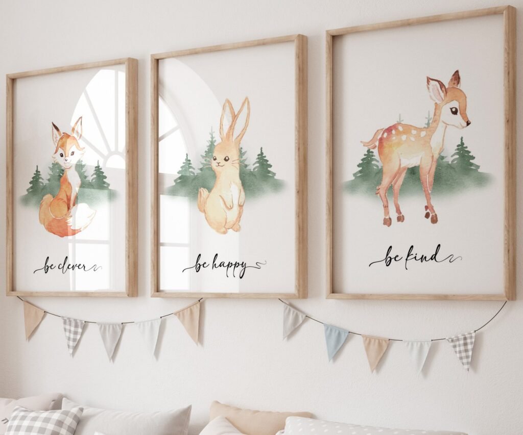 Bear, Fox, owl, rabbit Woodland Nursery Prints, Woodland Nursery Decor, Forest set of 3