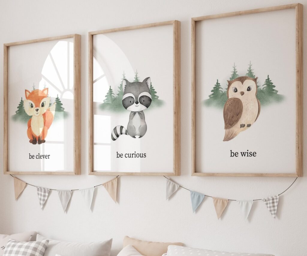 set of 3 Woodland Nursery wall art, Bear Wall art, Forest nursery- Nursery Prints Watercolor Woodland