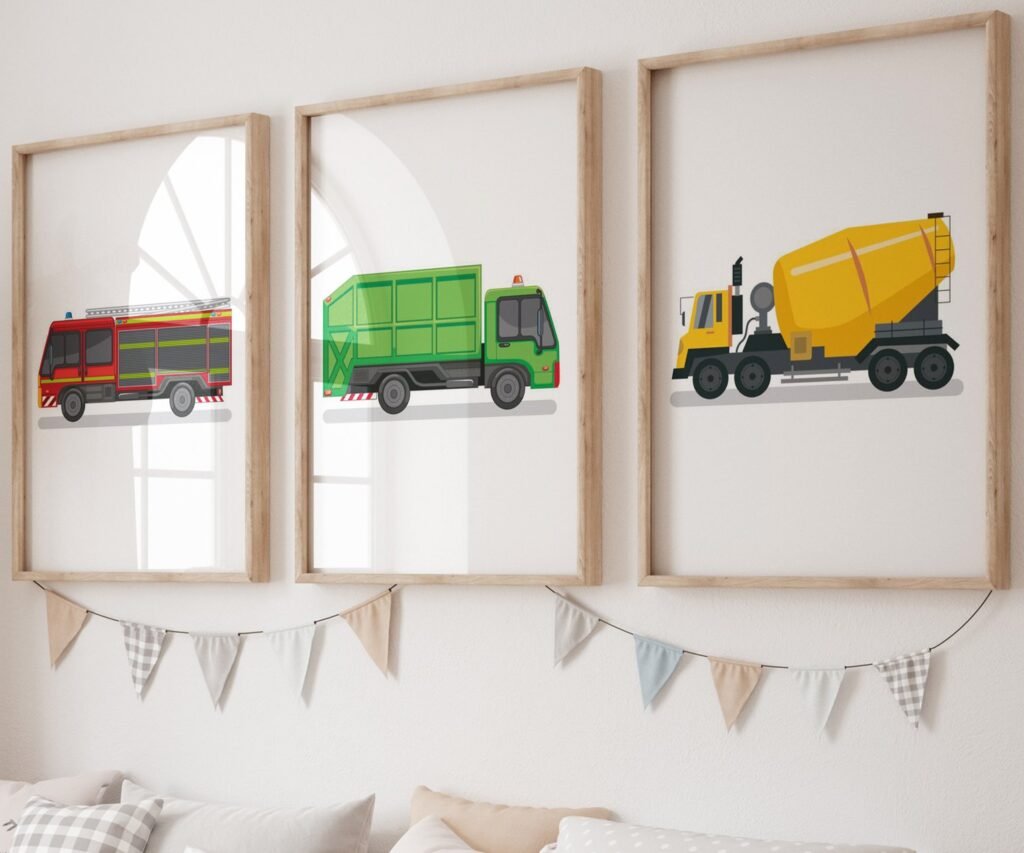 set of 3 Vehicle Prints, Construction Wall Art, Transportation Print Nursery, Kids Gallery Wall Set, Truck Wall Art, Nursery Truck Prints