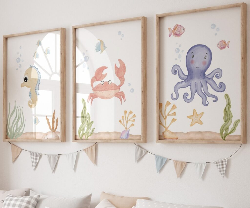 set of 3 Under the Sea Nursery Prints, Nautical Ocean Animal Posters, Boy Nursery Prints Set, Sea Animal Wall Art, Playroom Decor