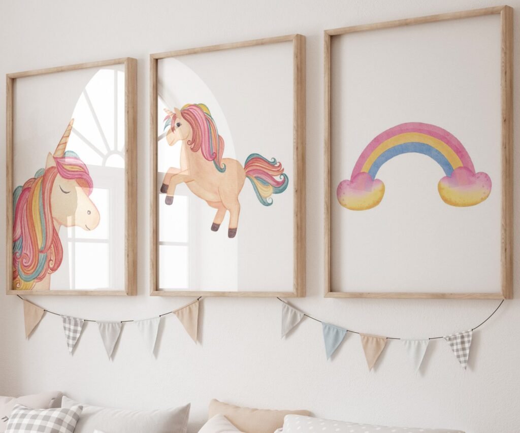 set of 3 Unicorn wall art set, Printable unicorn art, Girls room decor, Unicorn gold glitter, Unicorn prints,cloud rainbow