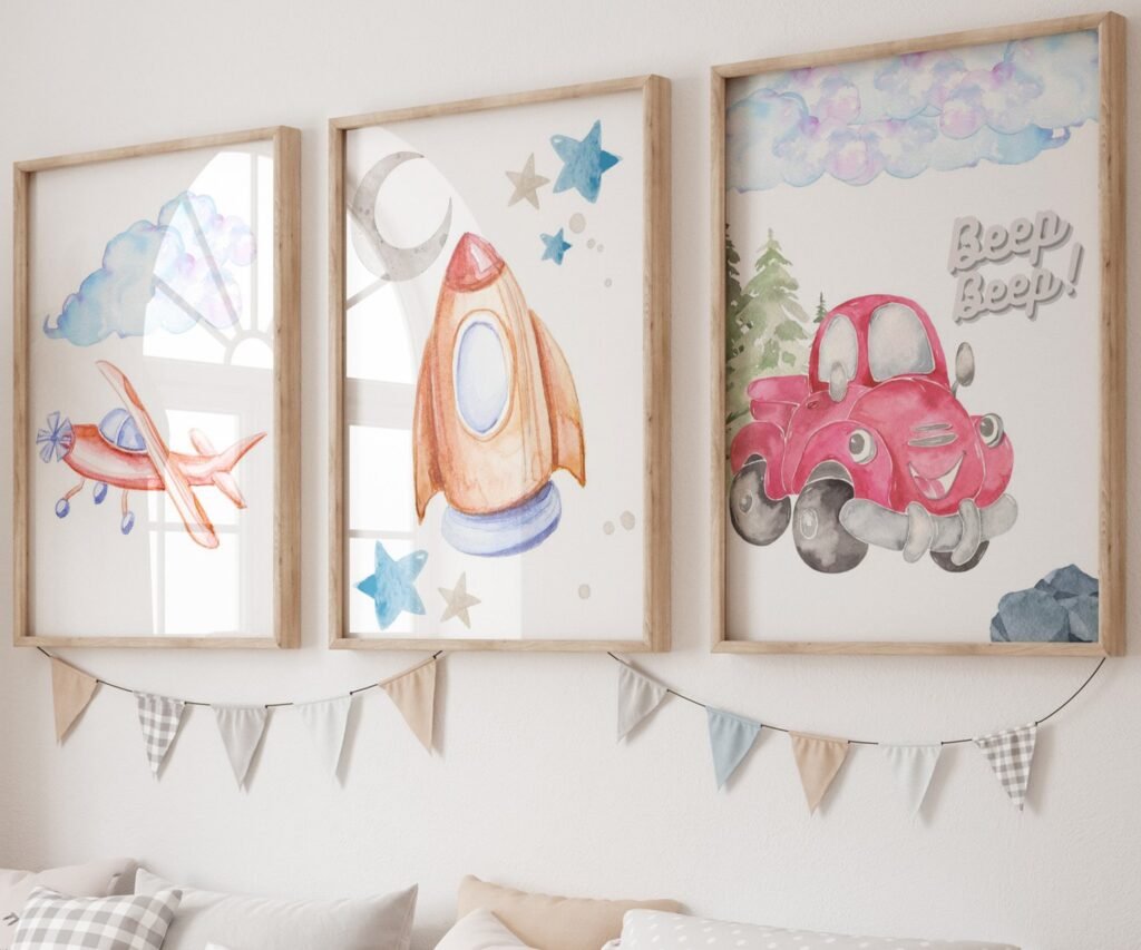 Car Nursery,Train, Rocket, Plane, transportation set of 3
