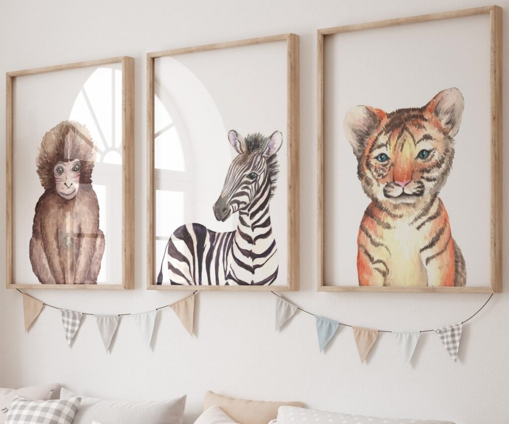 Lion tiger monkey giraffe elephant set of 3, Woodland Baby Animal Posters