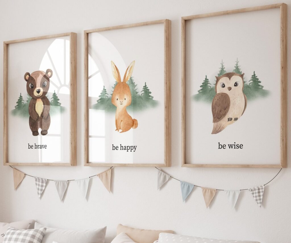 set of 3 Woodland Nursery wall art, Bear Wall art, Forest nursery- Nursery Prints Watercolor Woodland