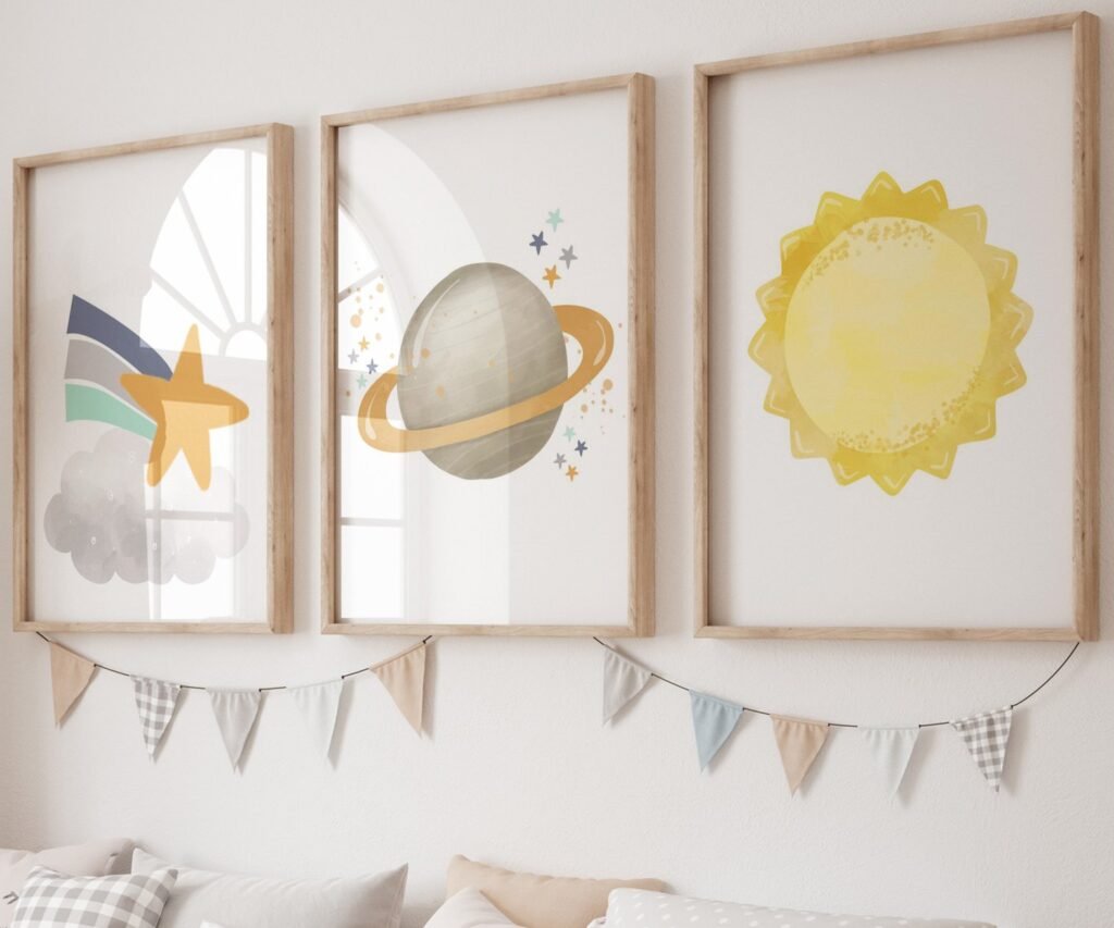 Neutral nursery print set, Space, Earthy tones, planet set of 3