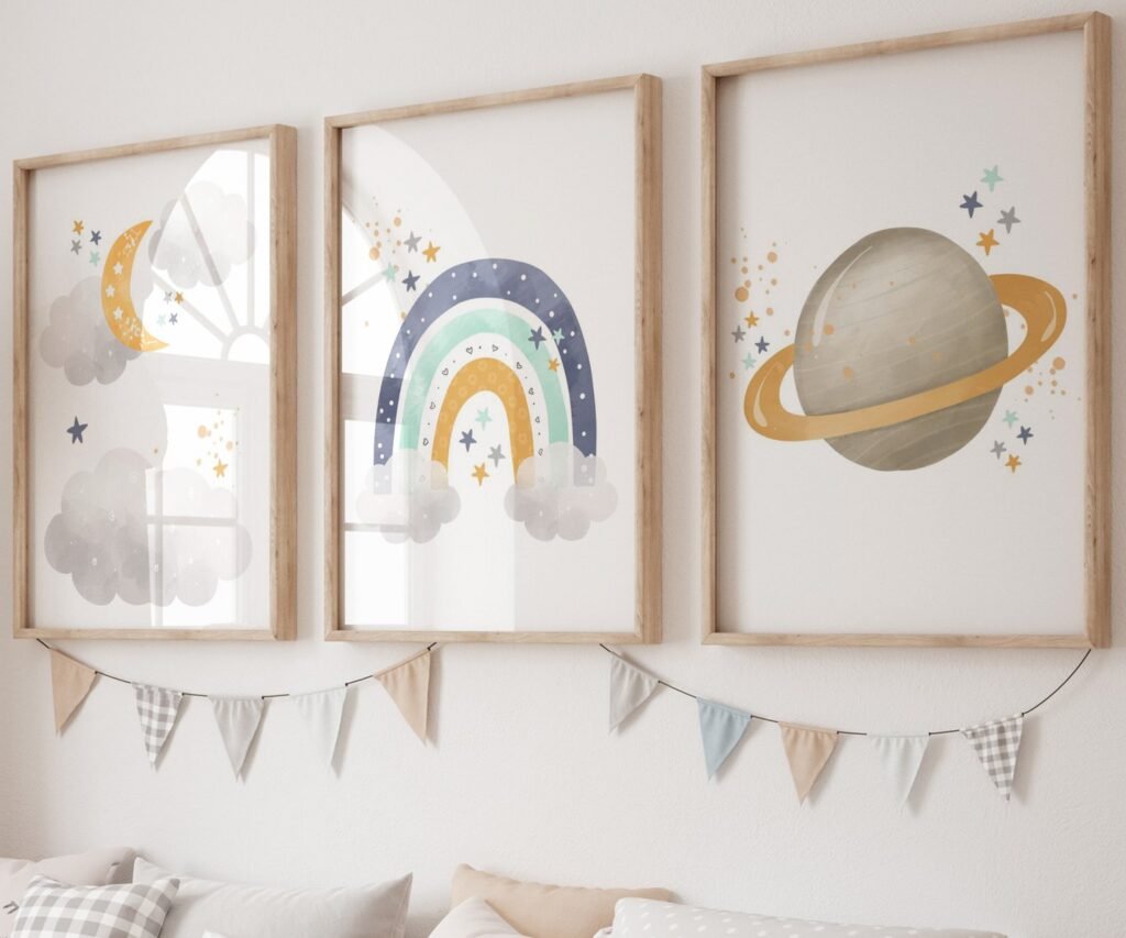 Neutral nursery print set, Space, Earthy tones, planet set of 3
