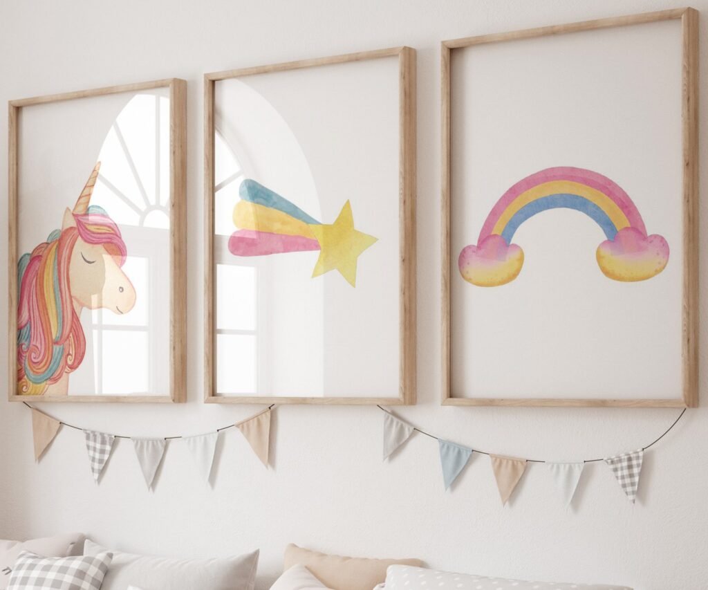 set of 3 Unicorn wall art set, Printable unicorn art, Girls room decor, Unicorn gold glitter, Unicorn prints,cloud rainbow
