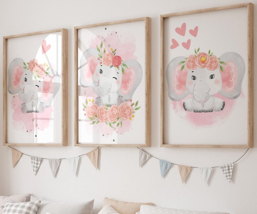 Pink Gray Girl Elephant nursery set of 3