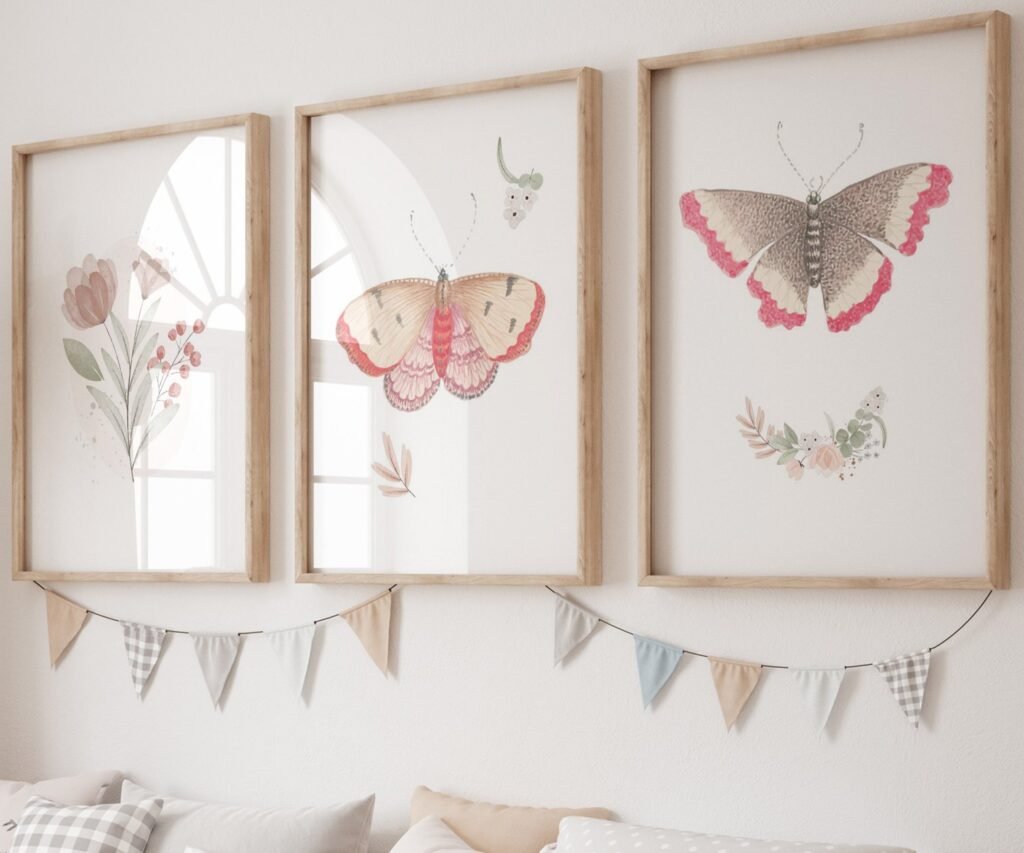 Boho butterflies, nursery printable art, Blush pink girls print, girl's room decor, vintage decor, boho girl's nursery, butterflies wall art set of 3