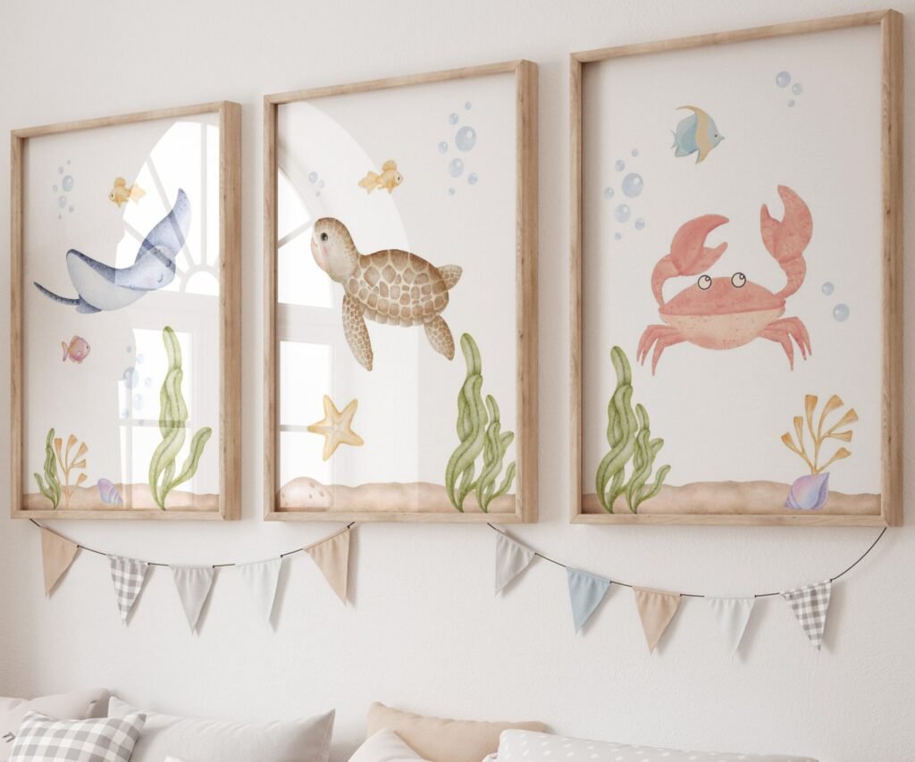 set of 3 Under the Sea Nursery Prints, Nautical Ocean Animal Posters, Boy Nursery Prints Set, Sea Animal Wall Art, Playroom Decor