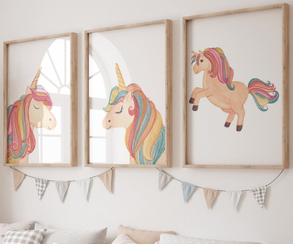 set of 3 Unicorn wall art set, Printable unicorn art, Girls room decor, Unicorn gold glitter, Unicorn prints,cloud rainbow