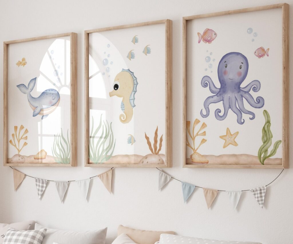 set of 3 Under the Sea Nursery Prints, Nautical Ocean Animal Posters, Boy Nursery Prints Set, Sea Animal Wall Art, Playroom Decor
