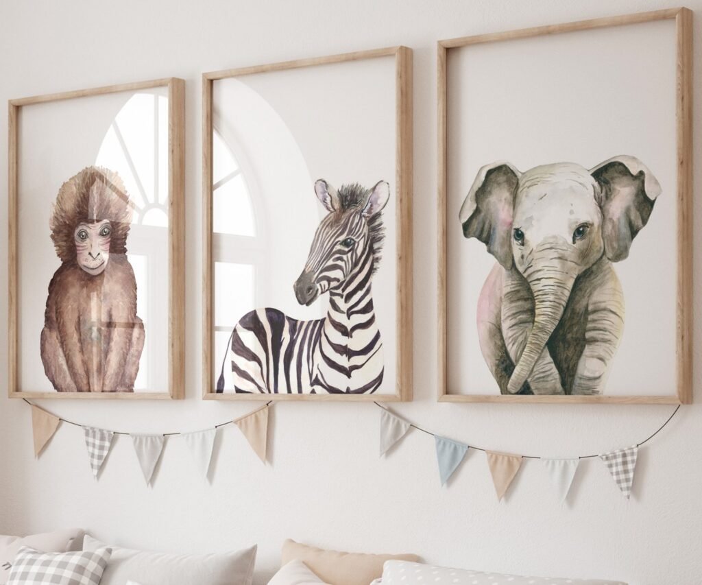 Lion tiger monkey giraffe elephant set of 3, Woodland Baby Animal Posters