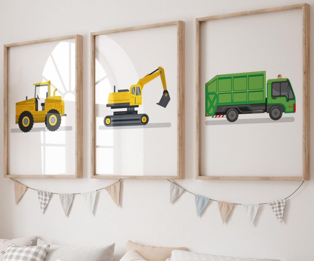 set of 3 Vehicle Prints, Construction Wall Art, Transportation Print Nursery, Kids Gallery Wall Set, Truck Wall Art, Nursery Truck Prints