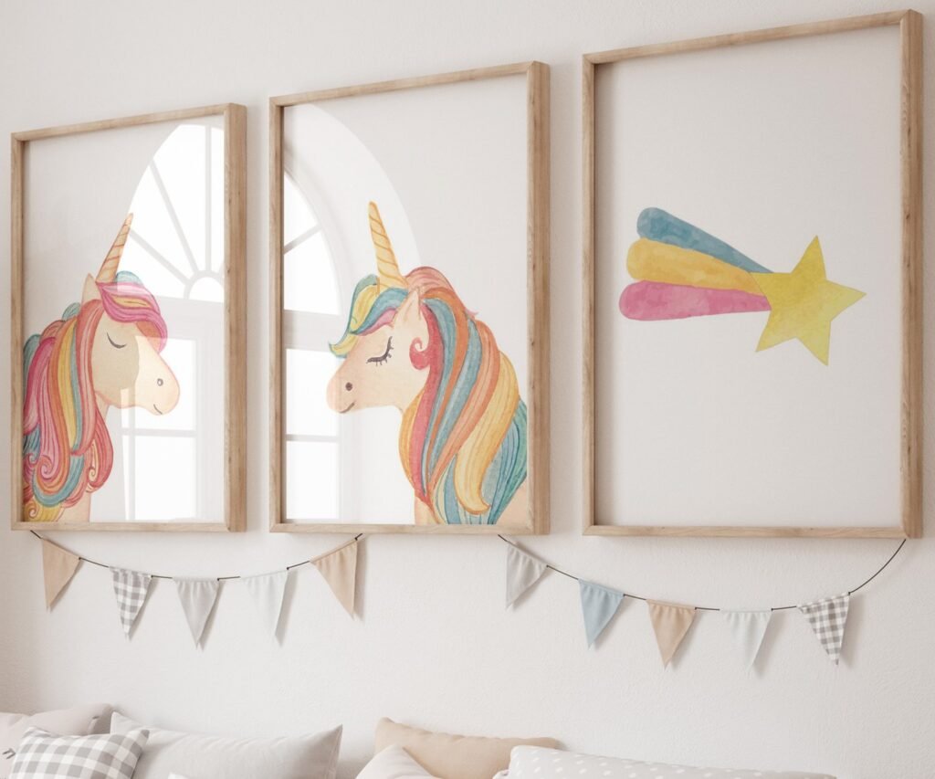 set of 3 Unicorn wall art set, Printable unicorn art, Girls room decor, Unicorn gold glitter, Unicorn prints,cloud rainbow