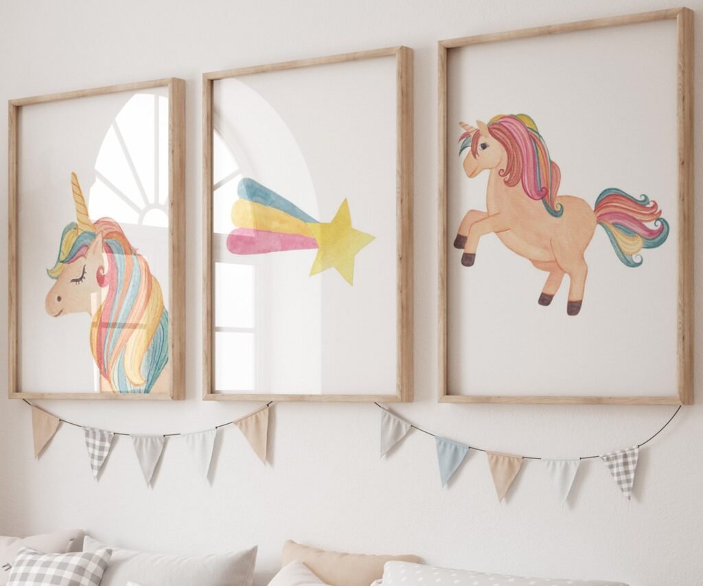 set of 3 Unicorn wall art set, Printable unicorn art, Girls room decor, Unicorn gold glitter, Unicorn prints,cloud rainbow
