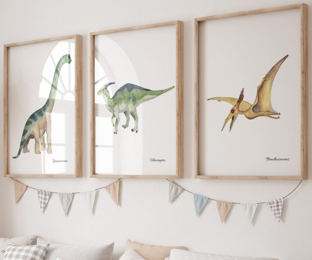 set of 3 Dinosaur Art Prints, Kids Gallery Wall Set, Dinosaur Wall Art, Dinosaur Nursery, Boys Room Dinosaur Decor, Kids Room Wall Art Dinos