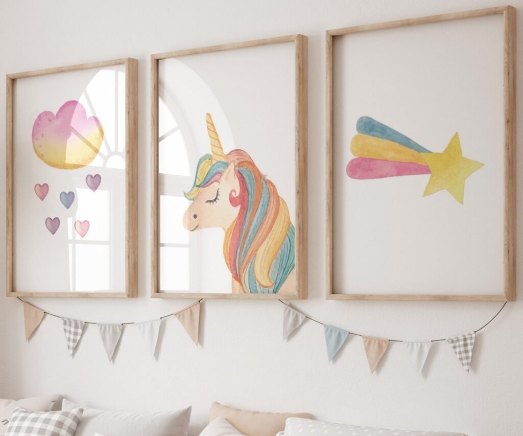 set of 3 Unicorn wall art set, Printable unicorn art, Girls room decor, Unicorn gold glitter, Unicorn prints,cloud rainbow